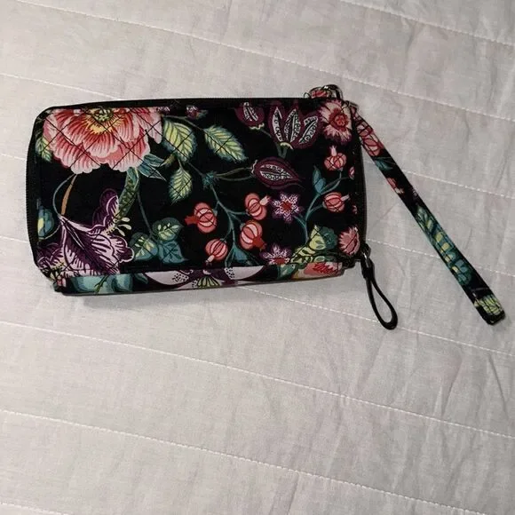Vera Bradley Iconic RFID Black Multi Quilted Wallet Wristlet Vines Floral - Picture 2 of 12